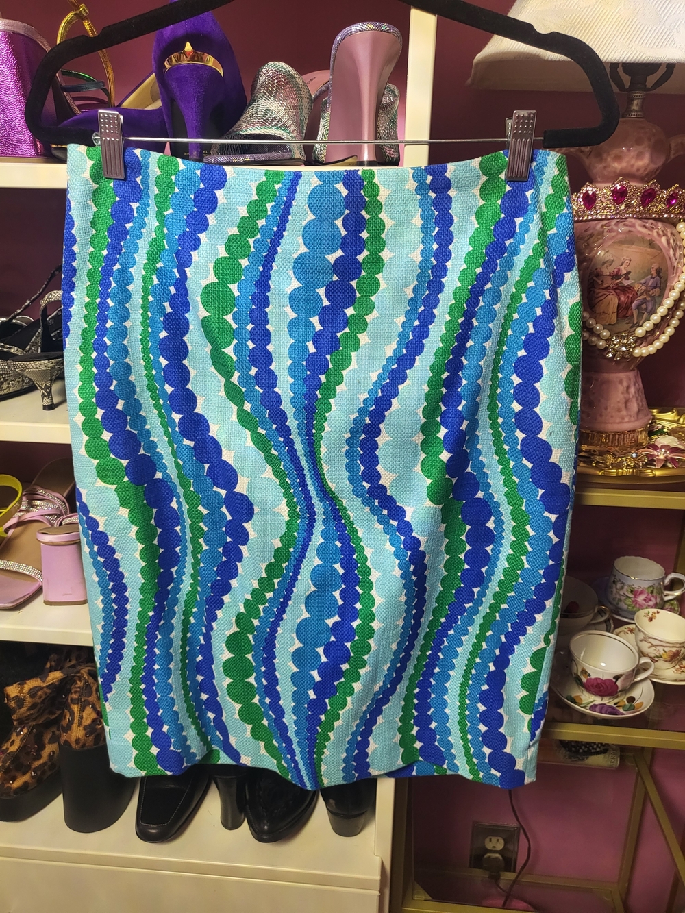 Talbots Blue Green Wave-Pattern Pencil Skirt